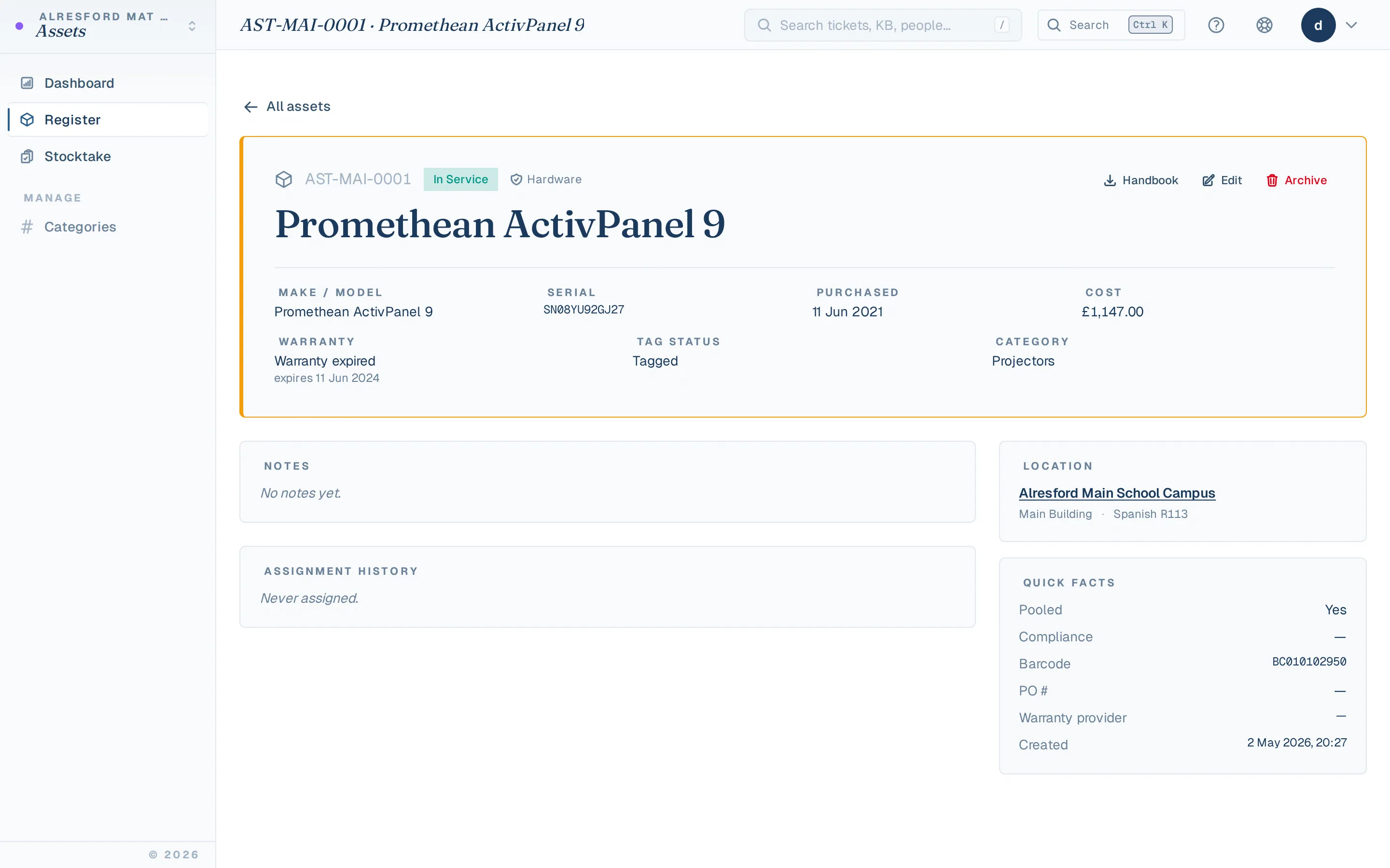 Single asset detail with assignment history + ticket links