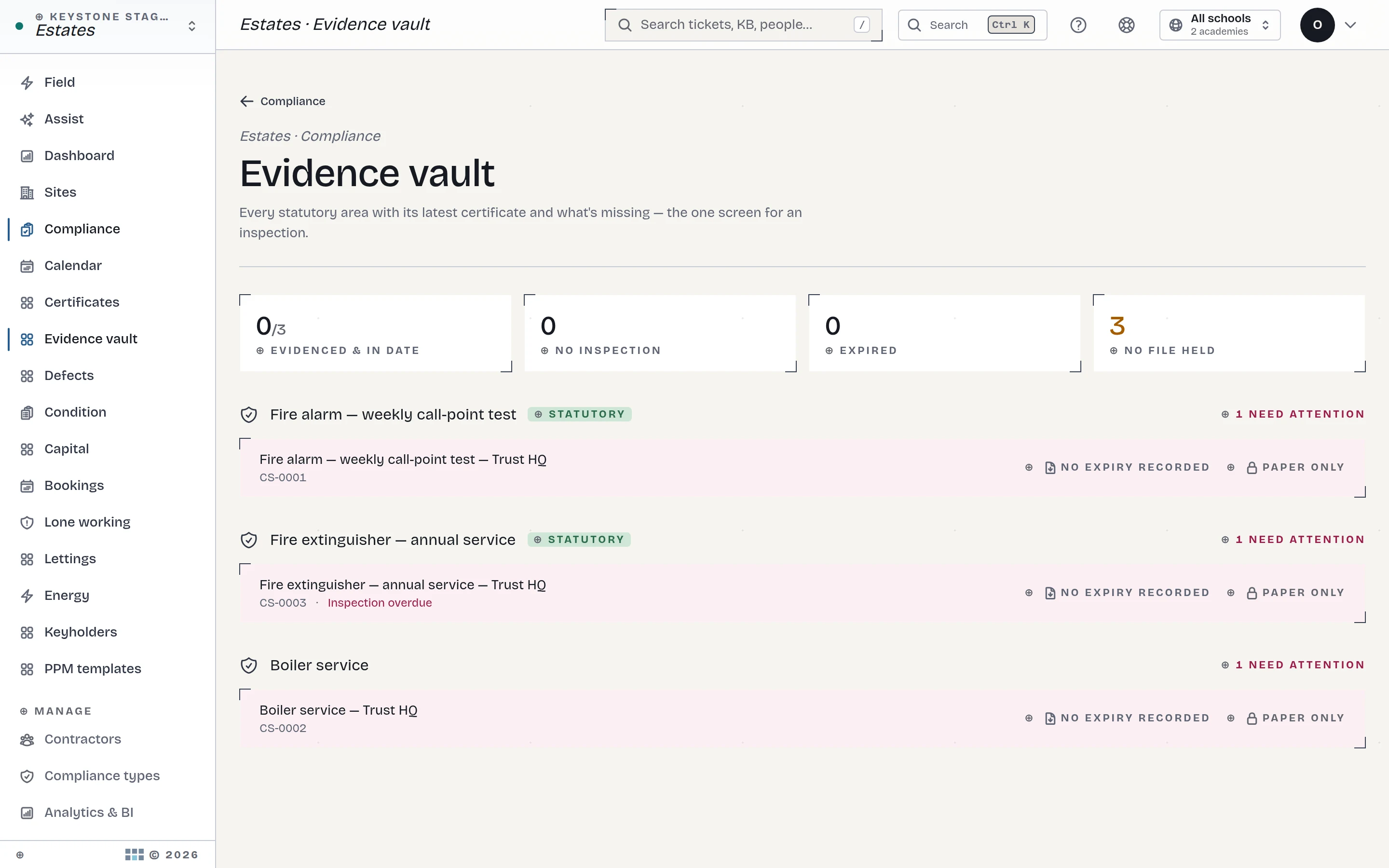 The estates evidence vault — certificates, surveys and service reports attached to their sites
