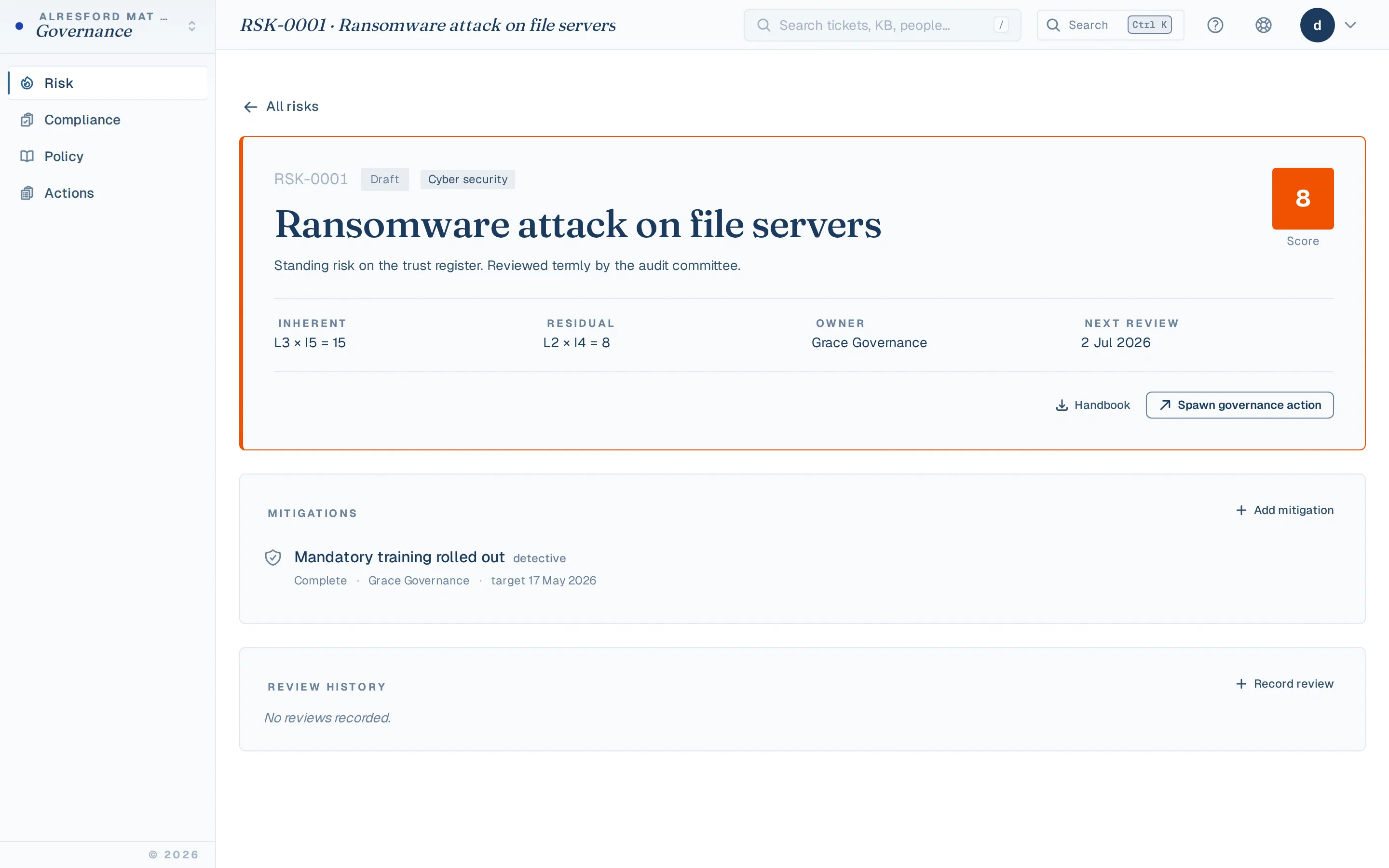 Single risk detail page with mitigations, controls, review history