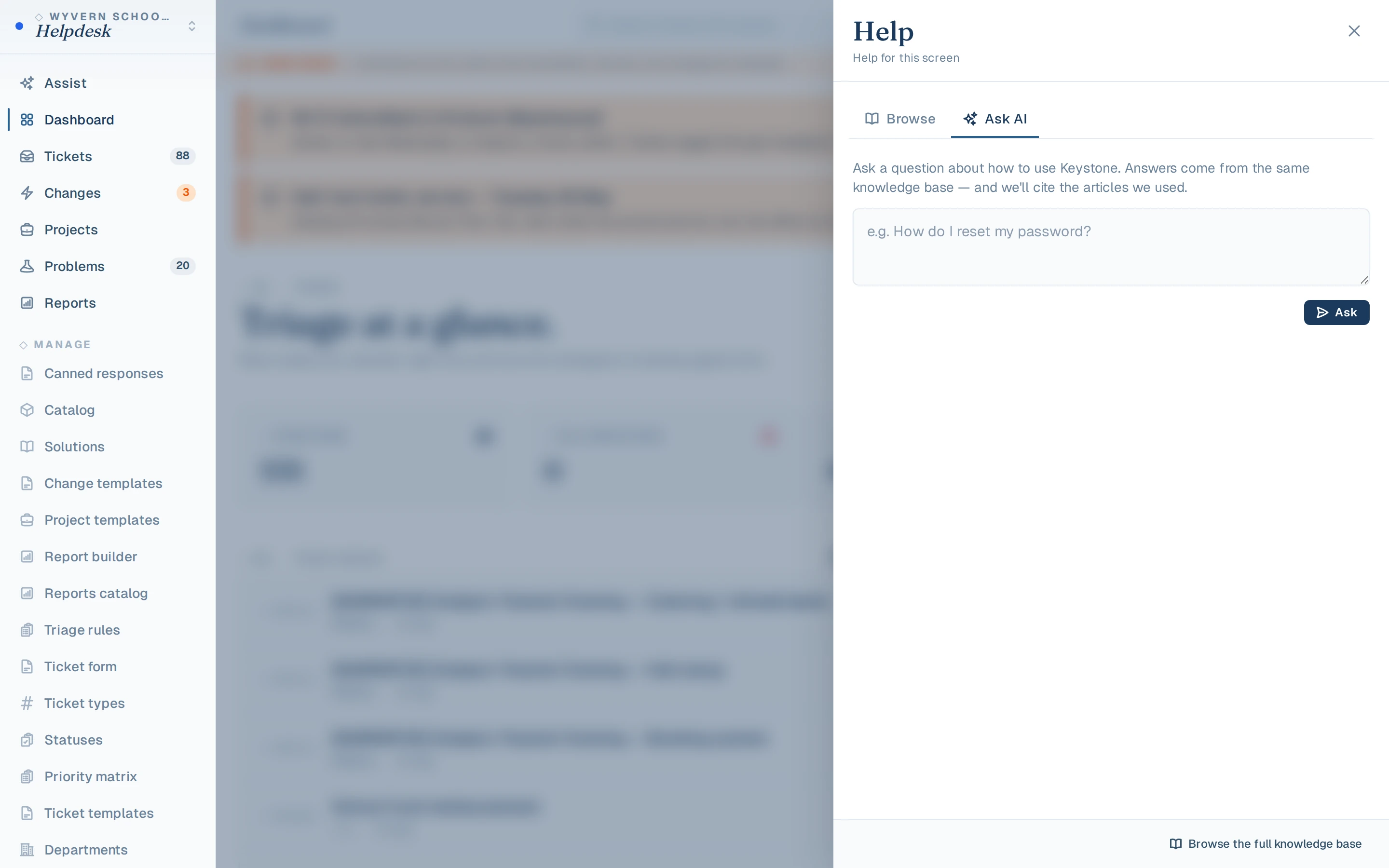 Help drawer Ask AI tab answering a staff question from the knowledge base