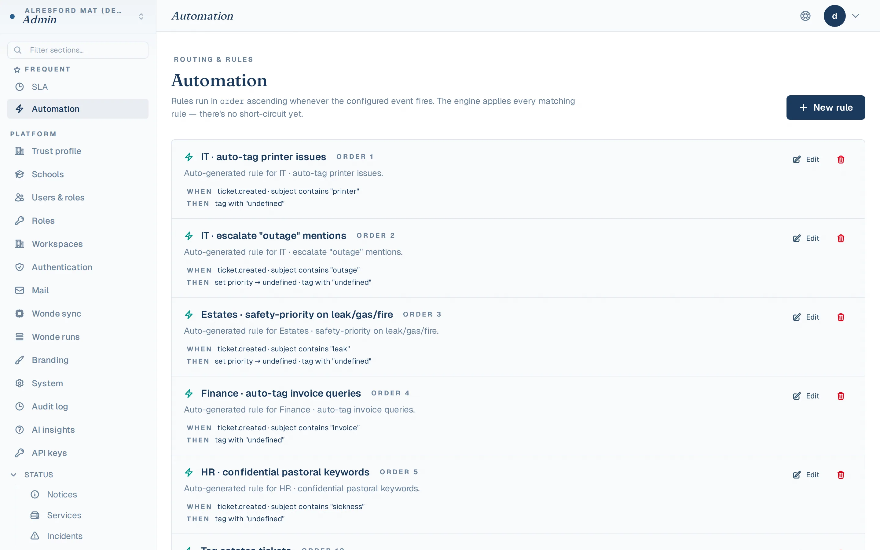 Automation rules listing with conditions and actions