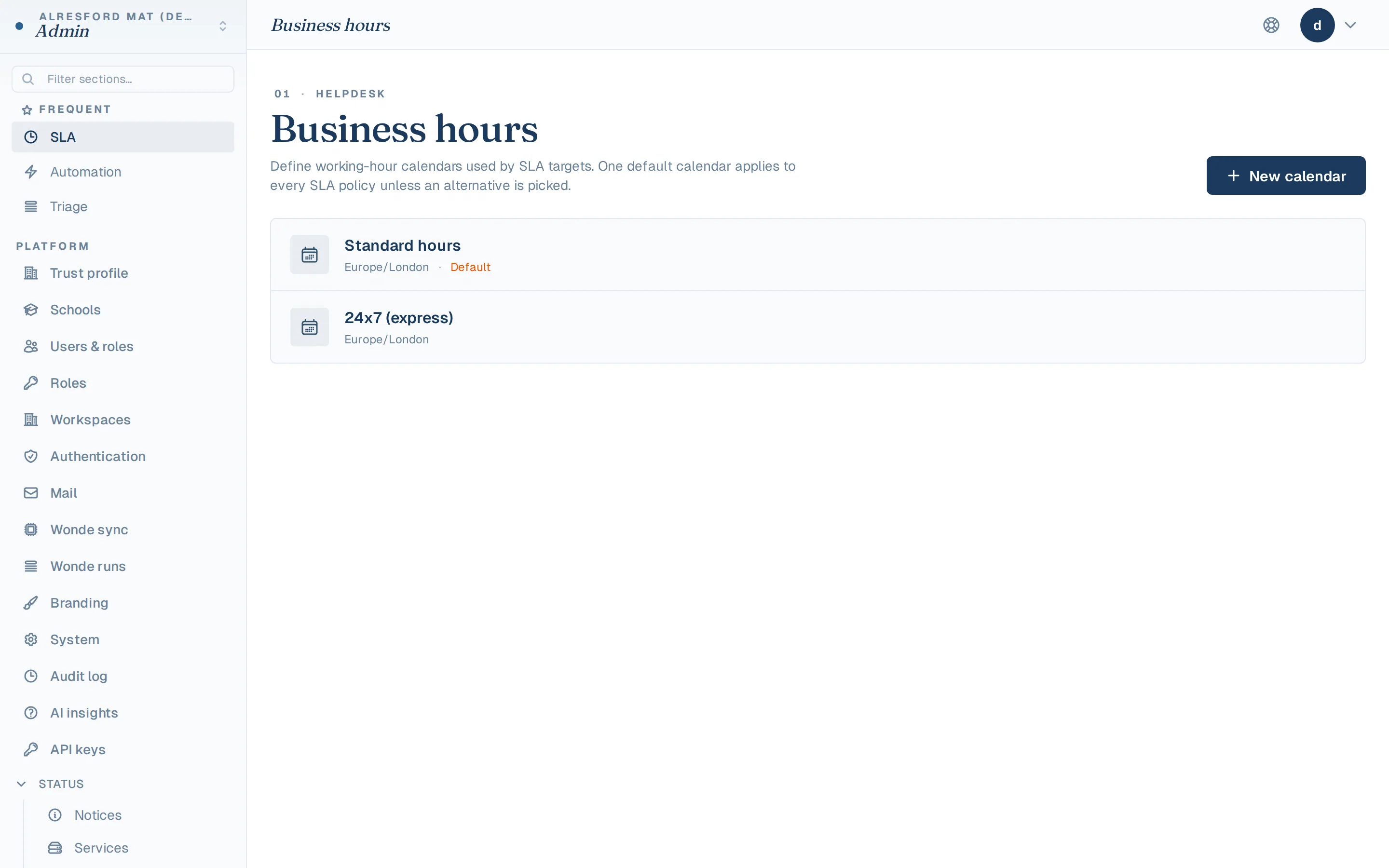 Business hours calendars with holiday windows