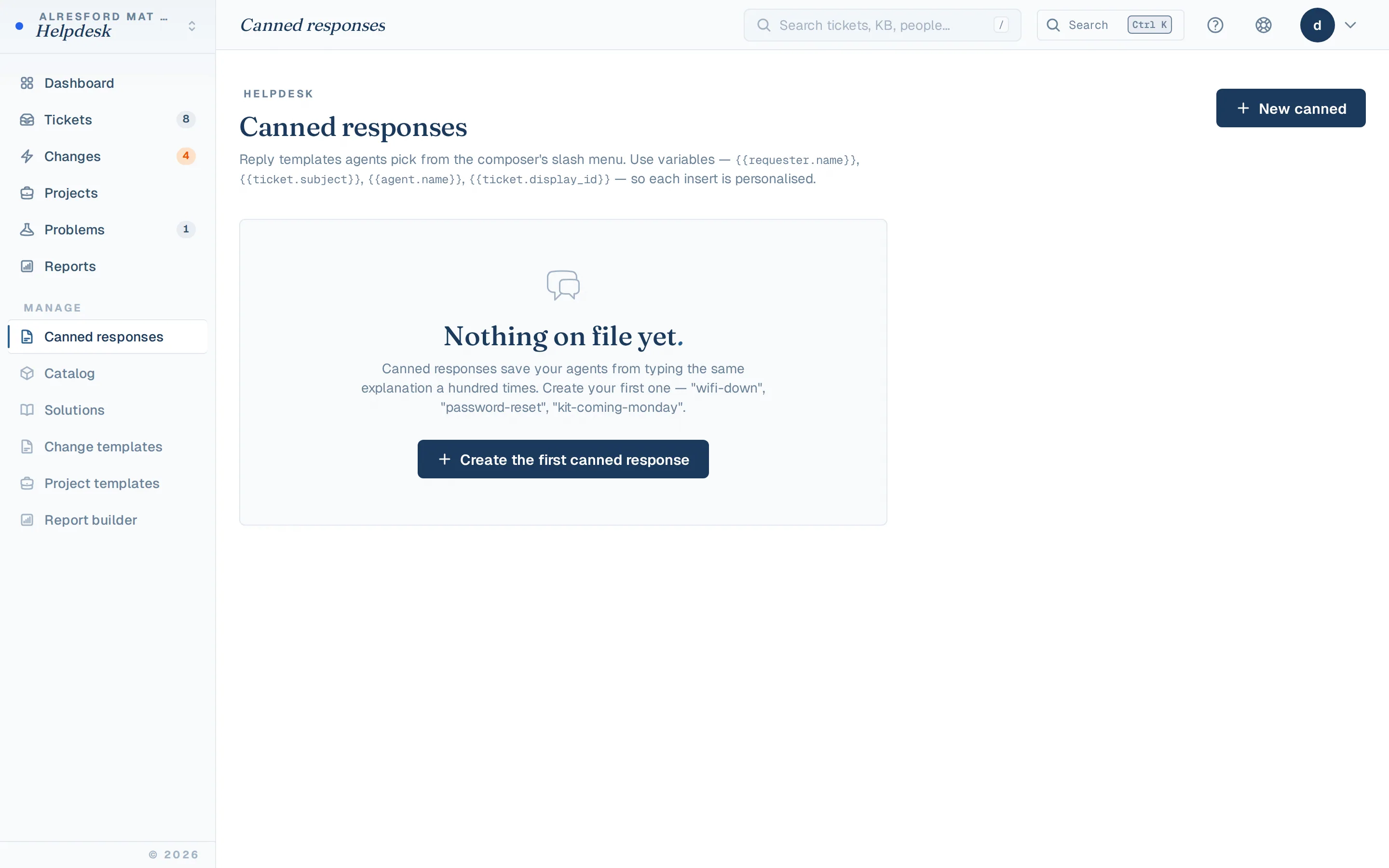 Canned responses library with placeholder variables