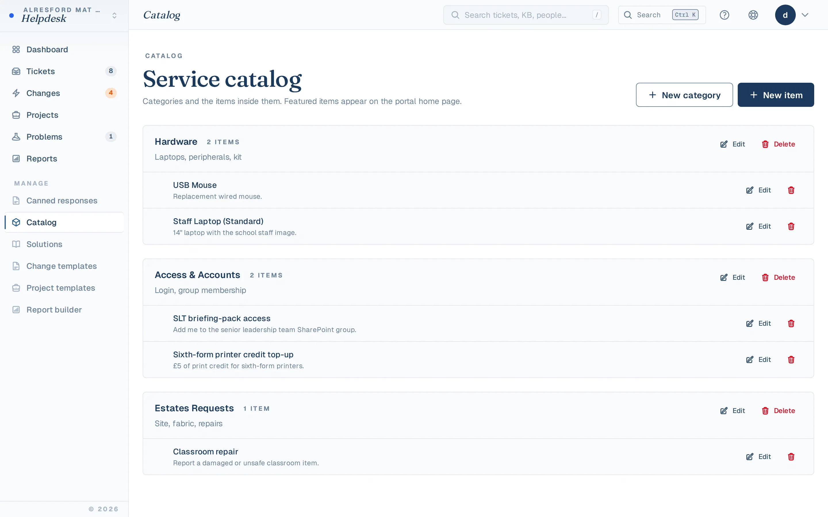 Service catalog management with categorised request items