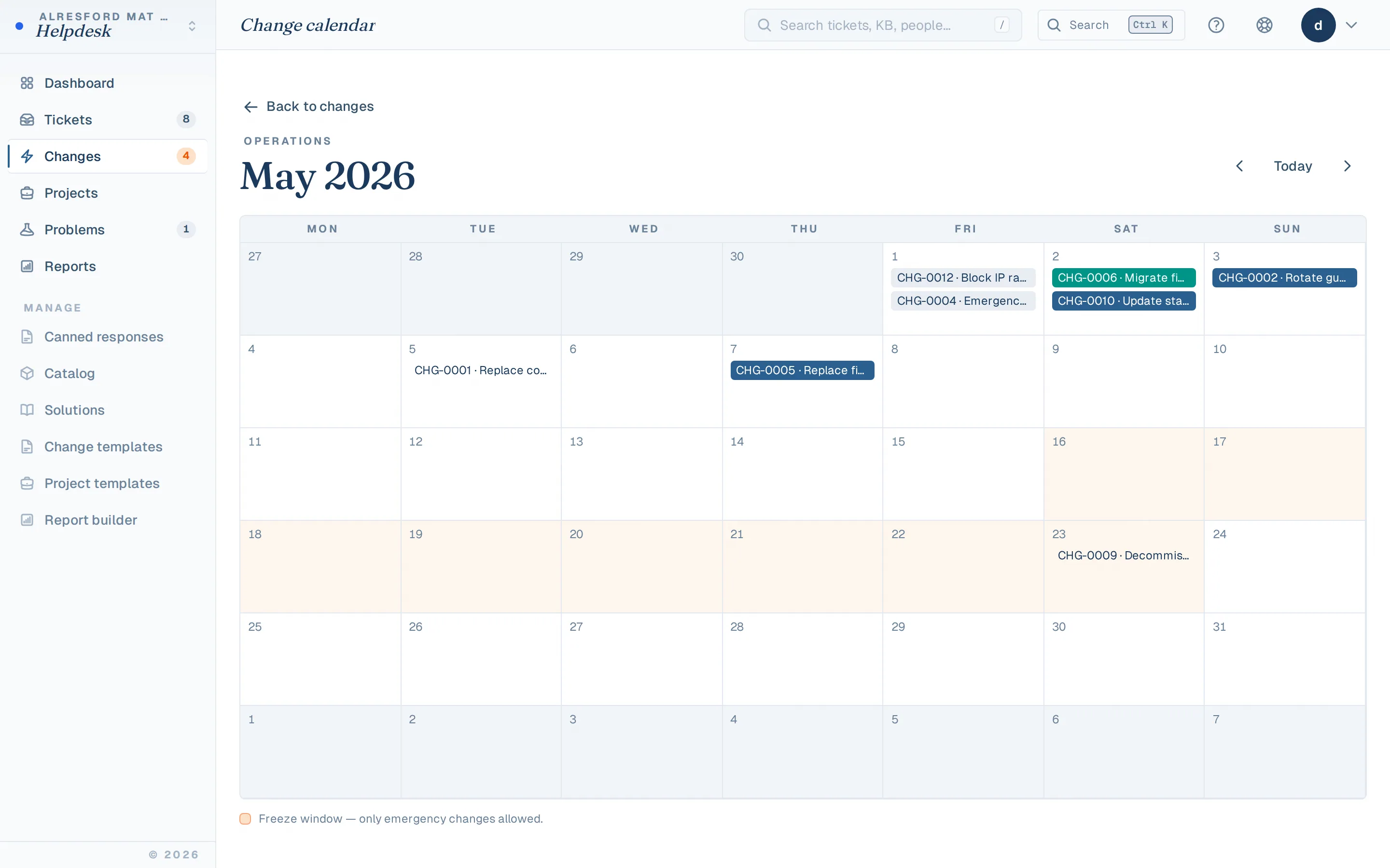 Change calendar showing scheduled work across the trust