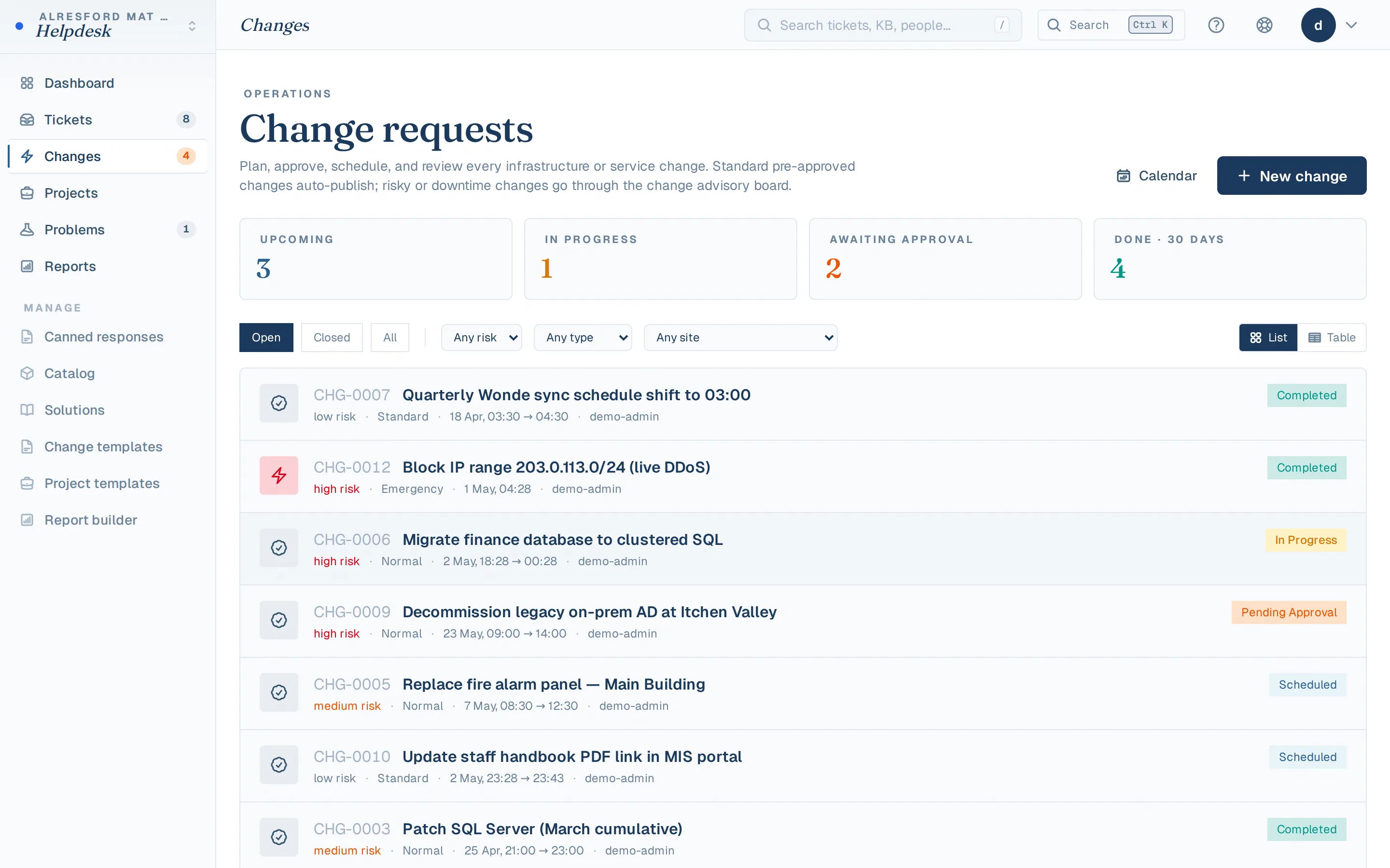Change requests list with state, risk, and approval gates