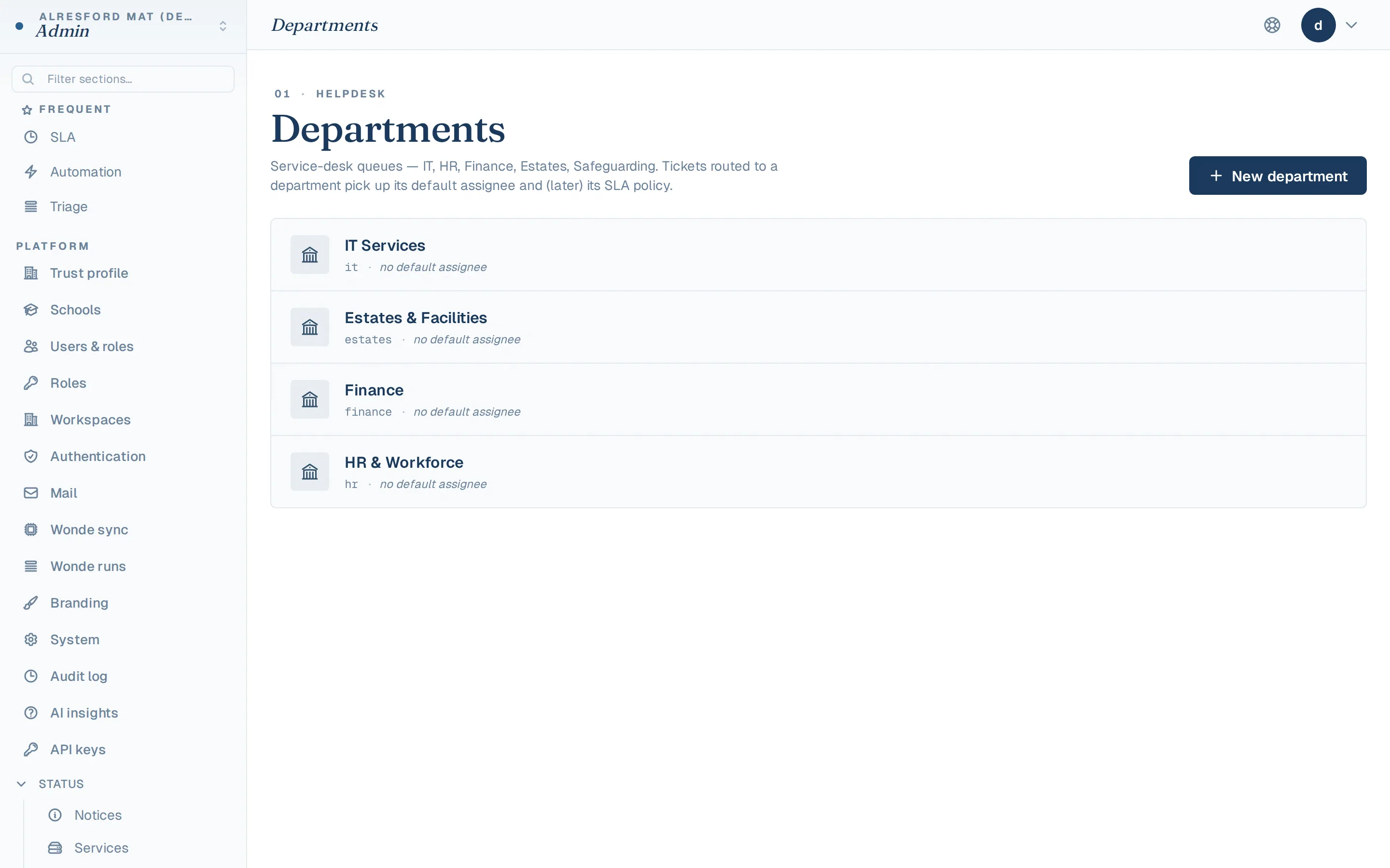 Departments admin scoping queues, SLAs, and automation
