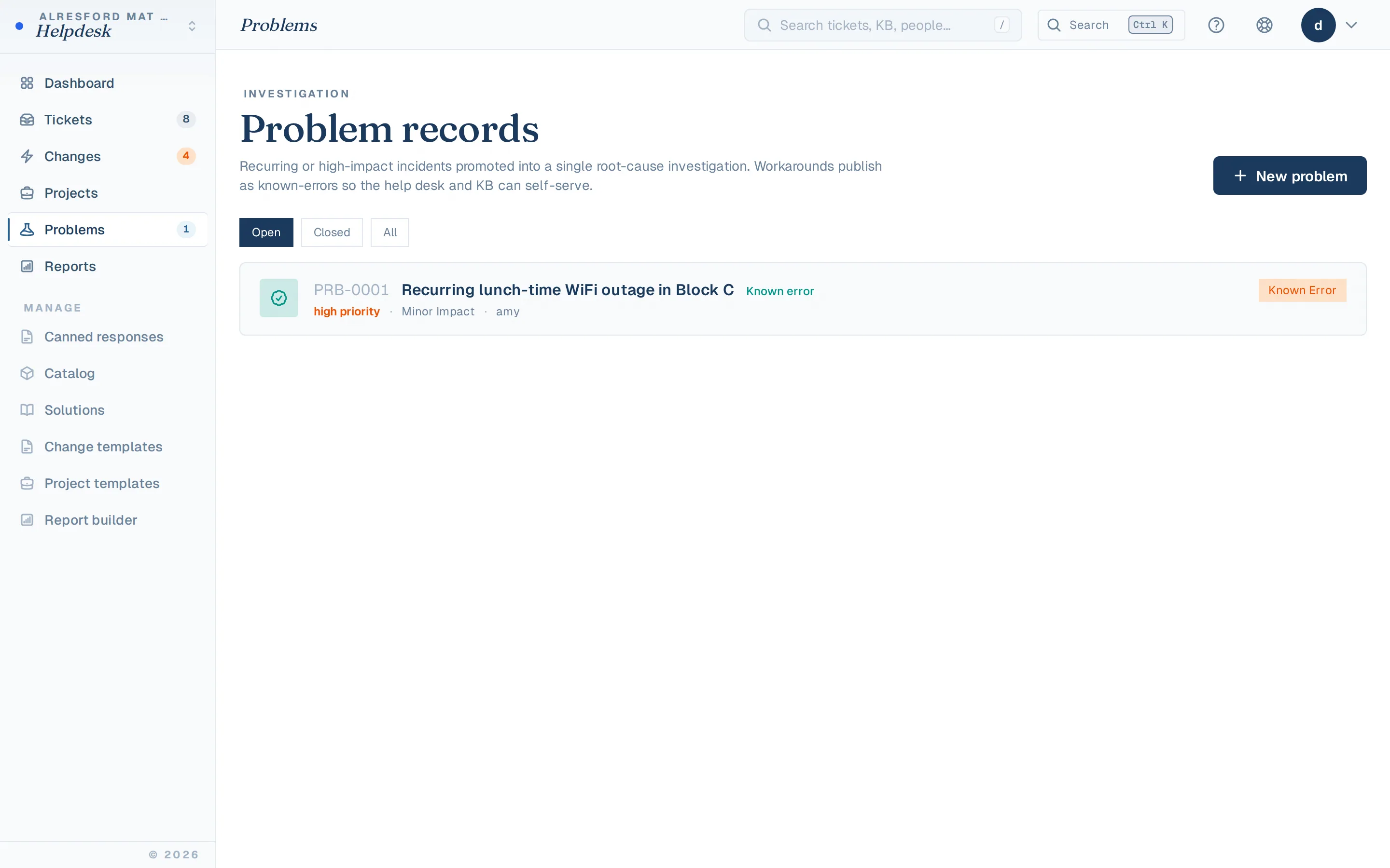 Problem records with linked incidents and root-cause investigation