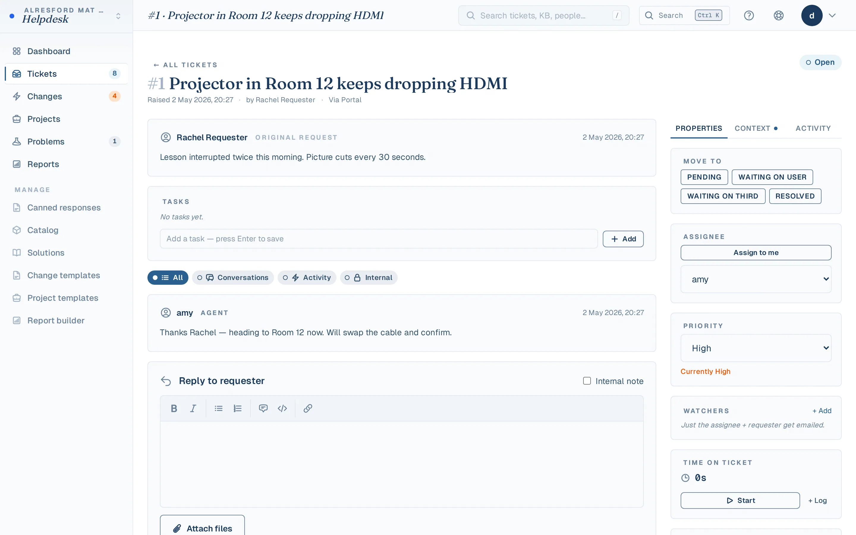 Ticket worktop showing conversation, properties, and audit log