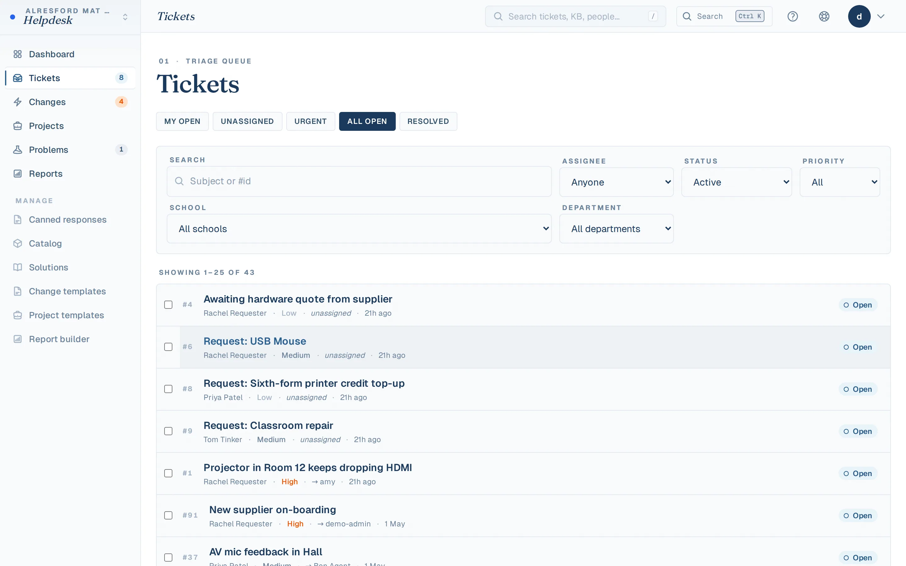 Ticket queue with department and status filters