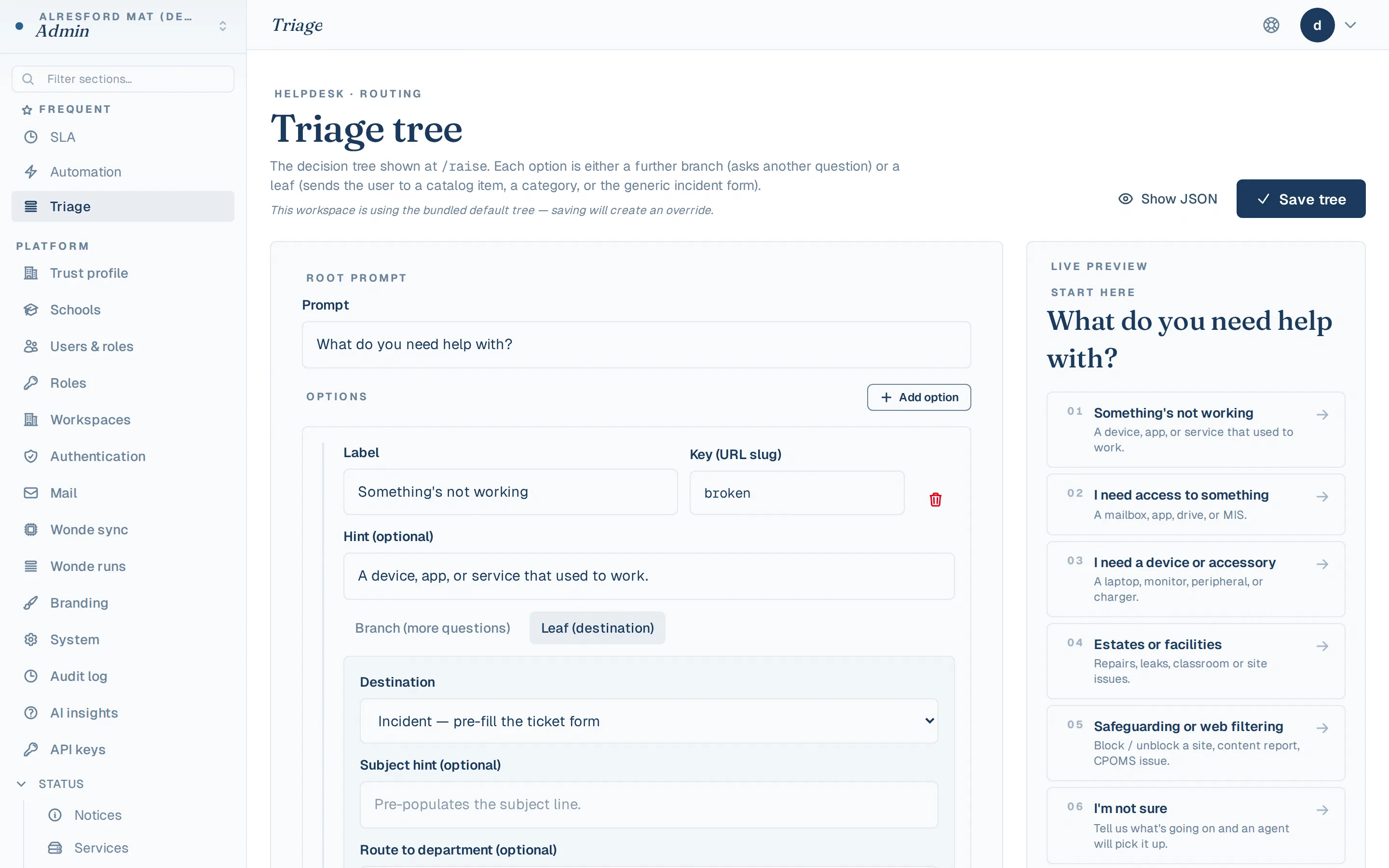 Triage decision-tree editor for the portal funnel