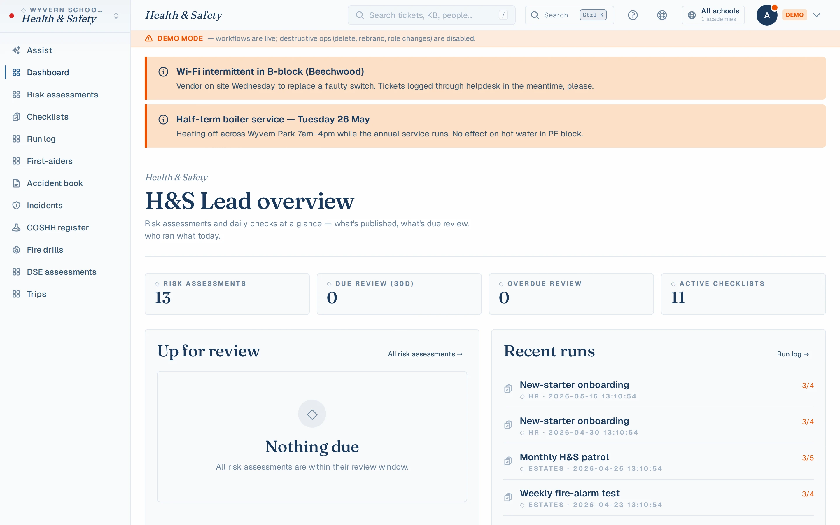 Health & Safety dashboard with open incidents, overdue reviews and RIDDOR status