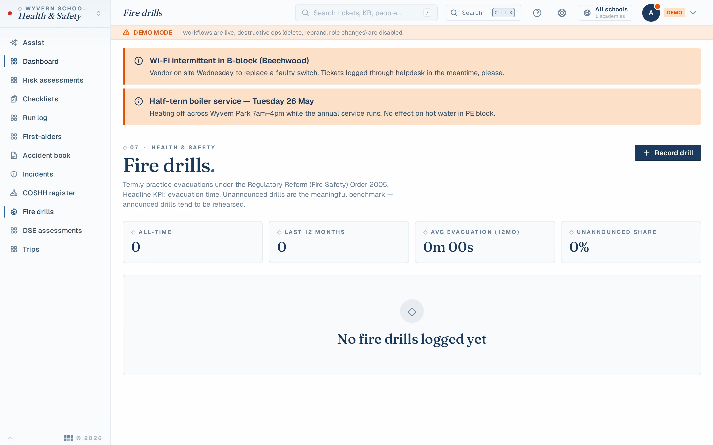 Fire drill log with evacuation times per site