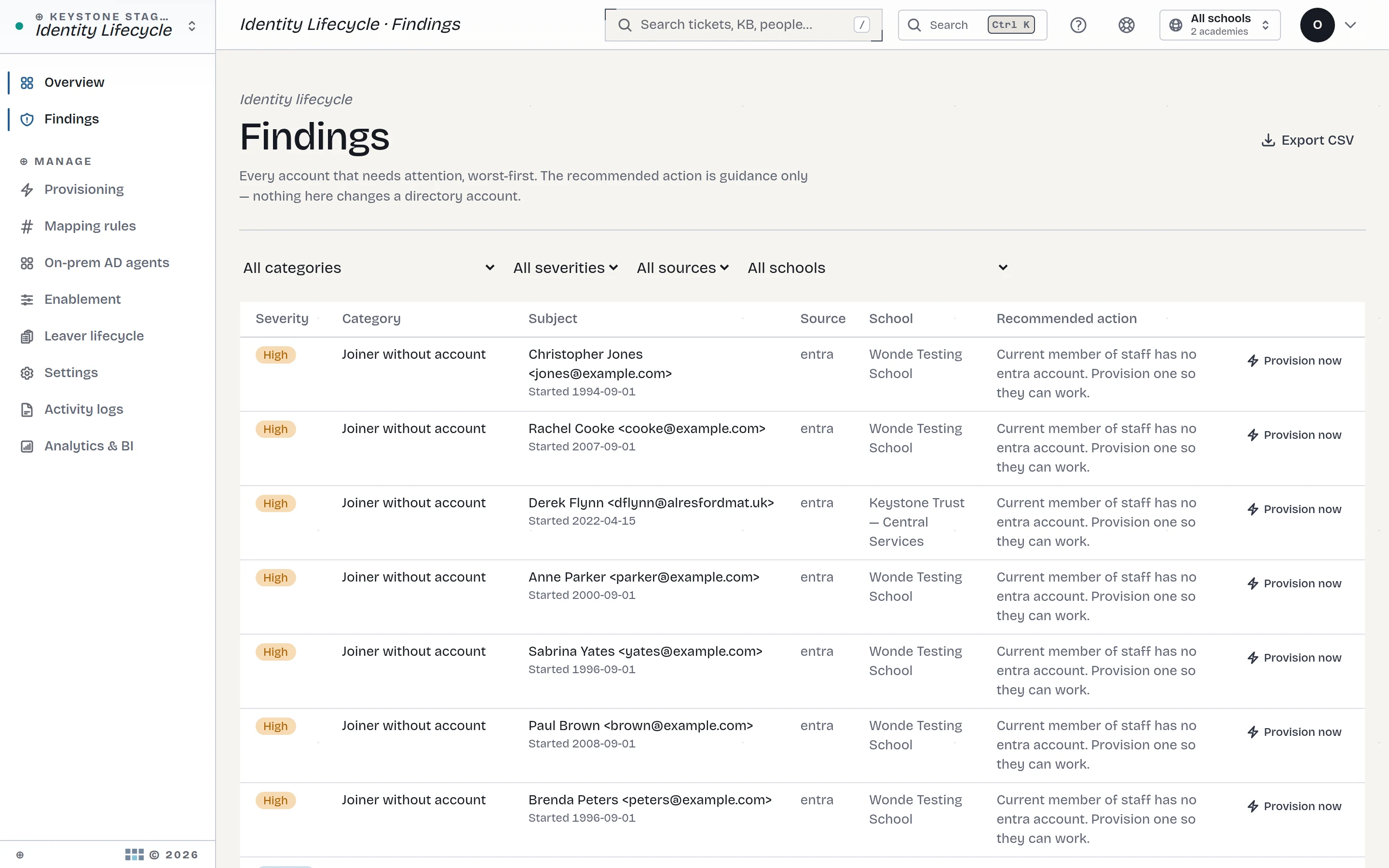 Identity Lifecycle findings list
