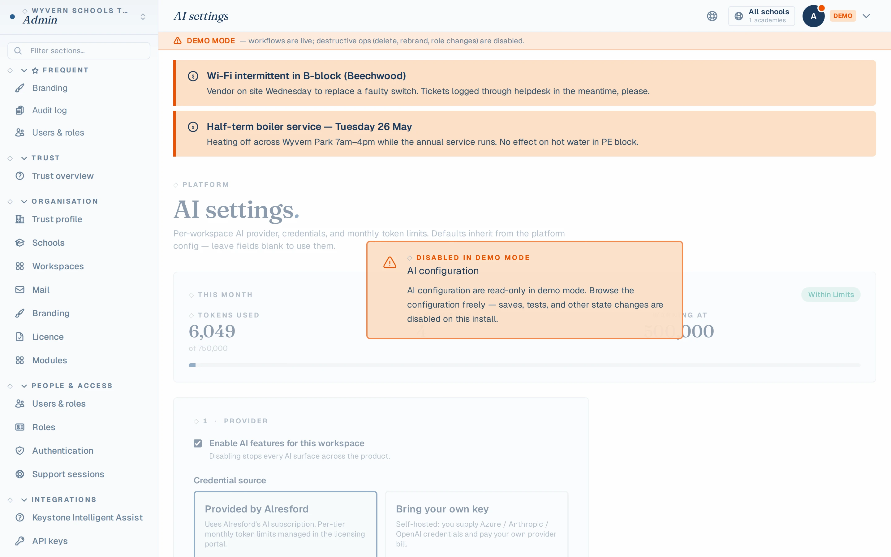 Per-workspace AI settings with feature toggles and cost caps