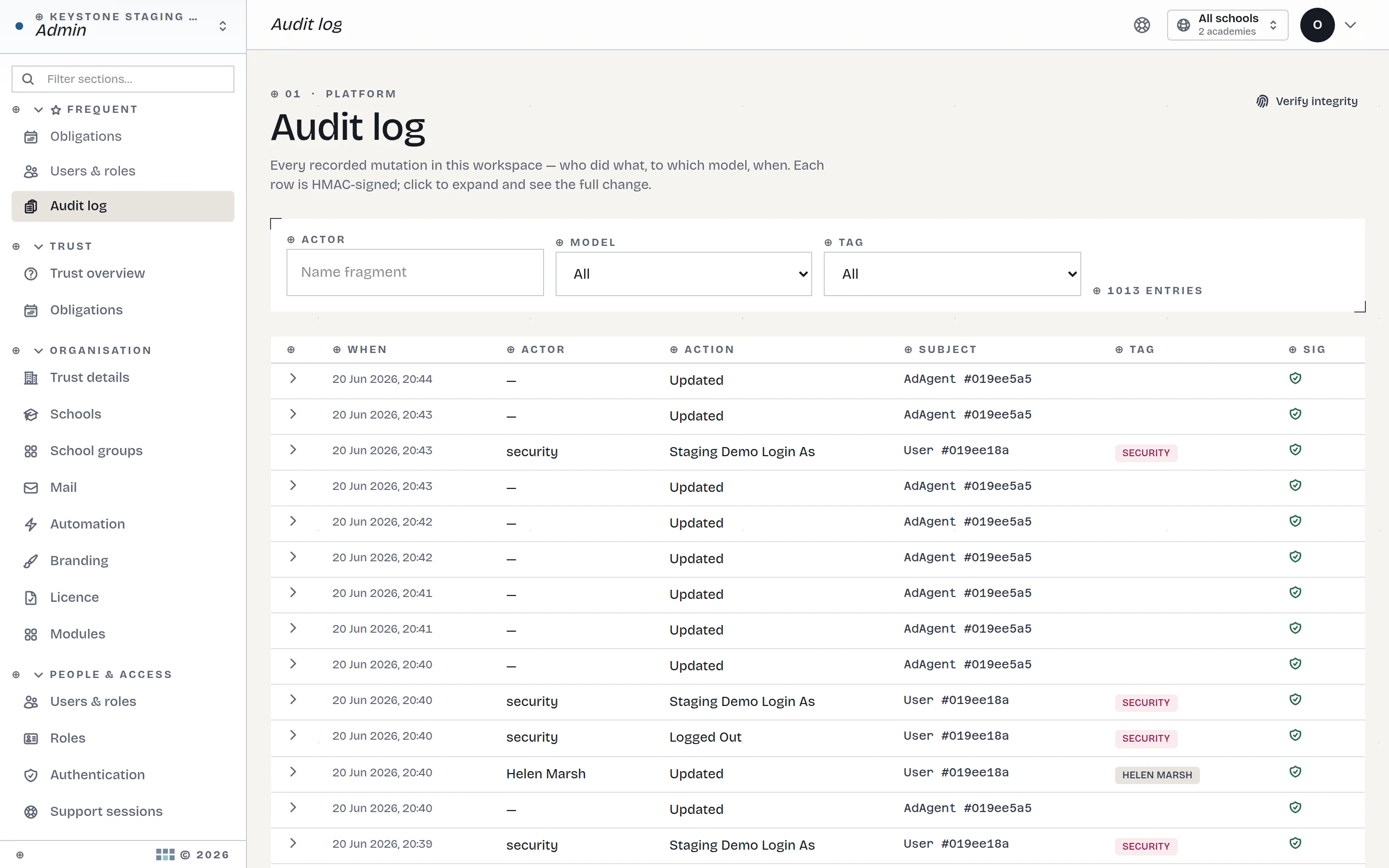 The platform audit log — every change, chained, filterable across modules