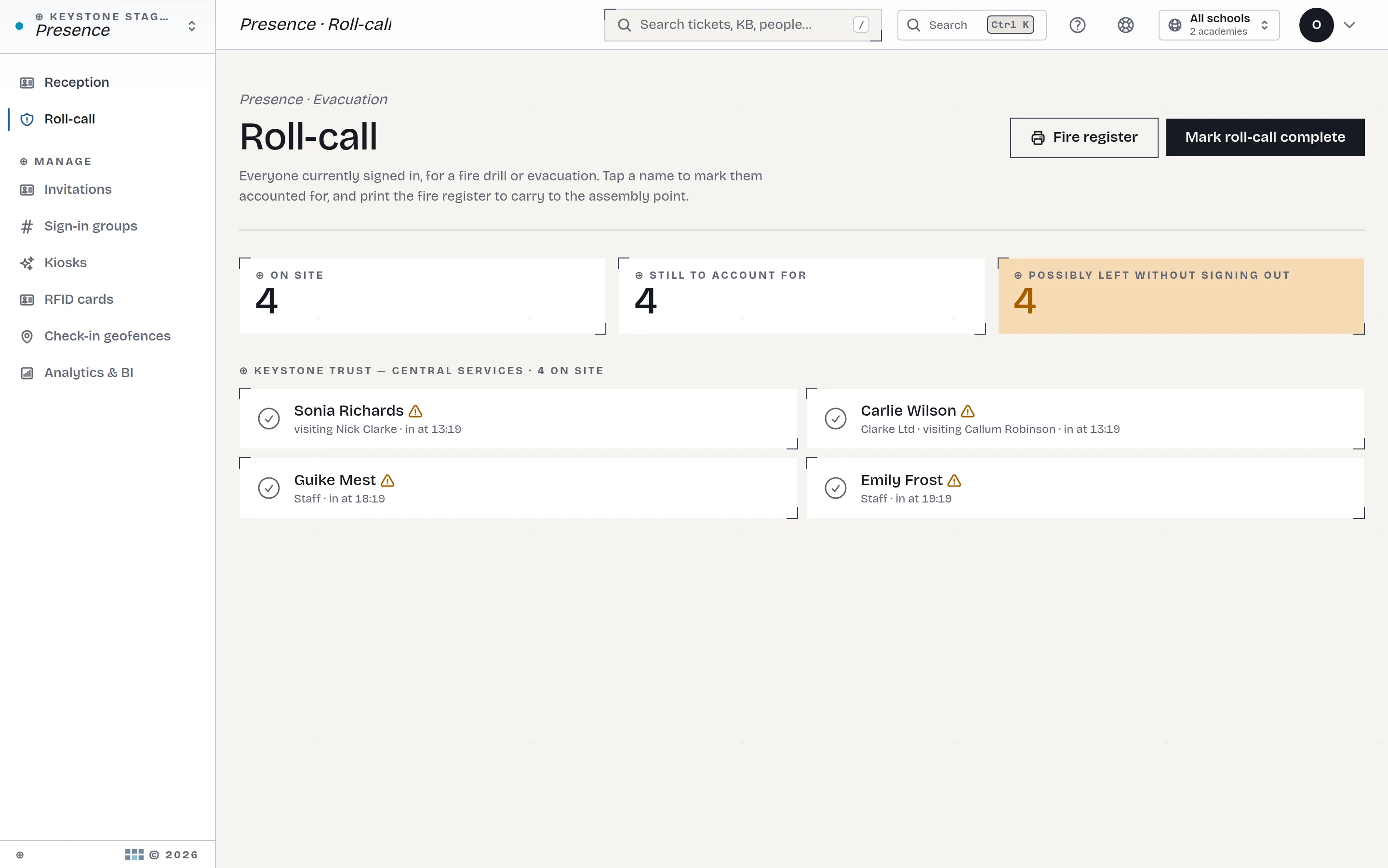 Presence roll-call and fire register