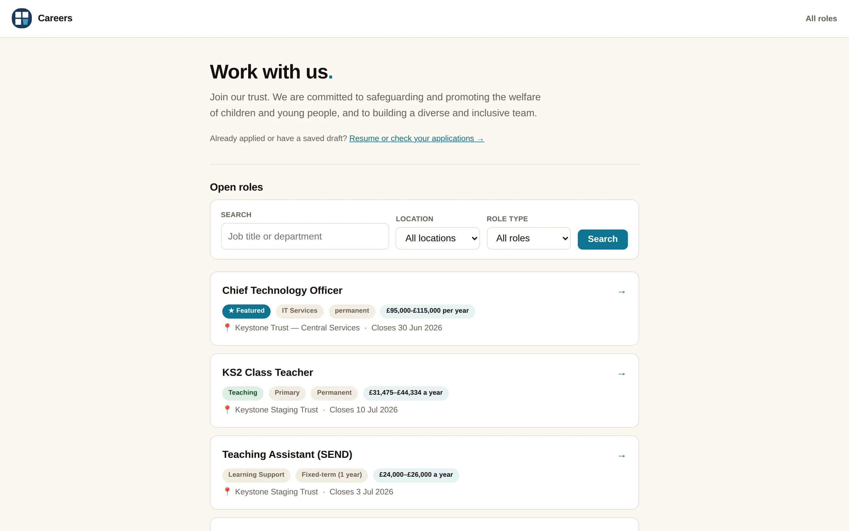 The brandable public careers page listing open roles