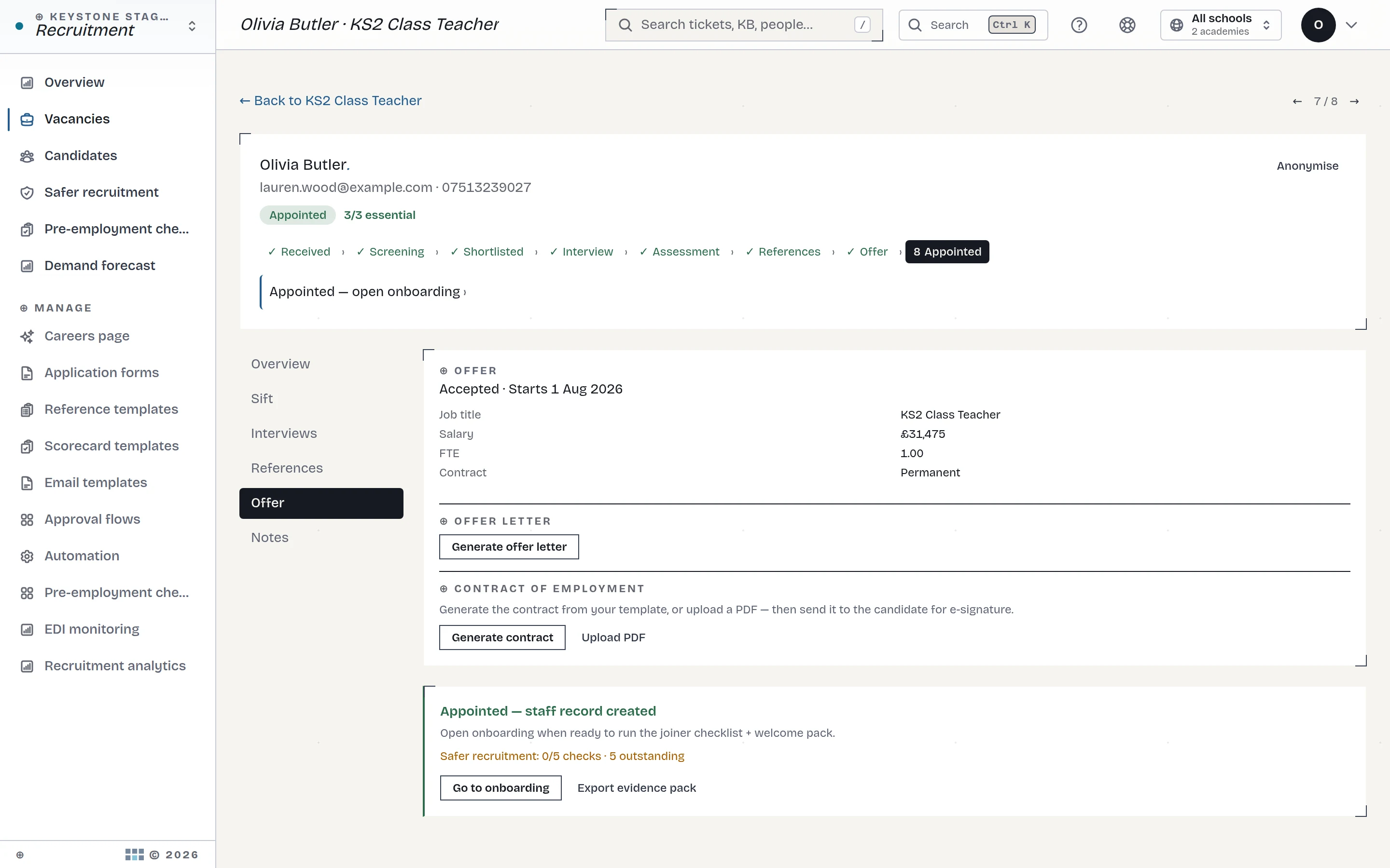 An accepted offer with contract generation and e-signature