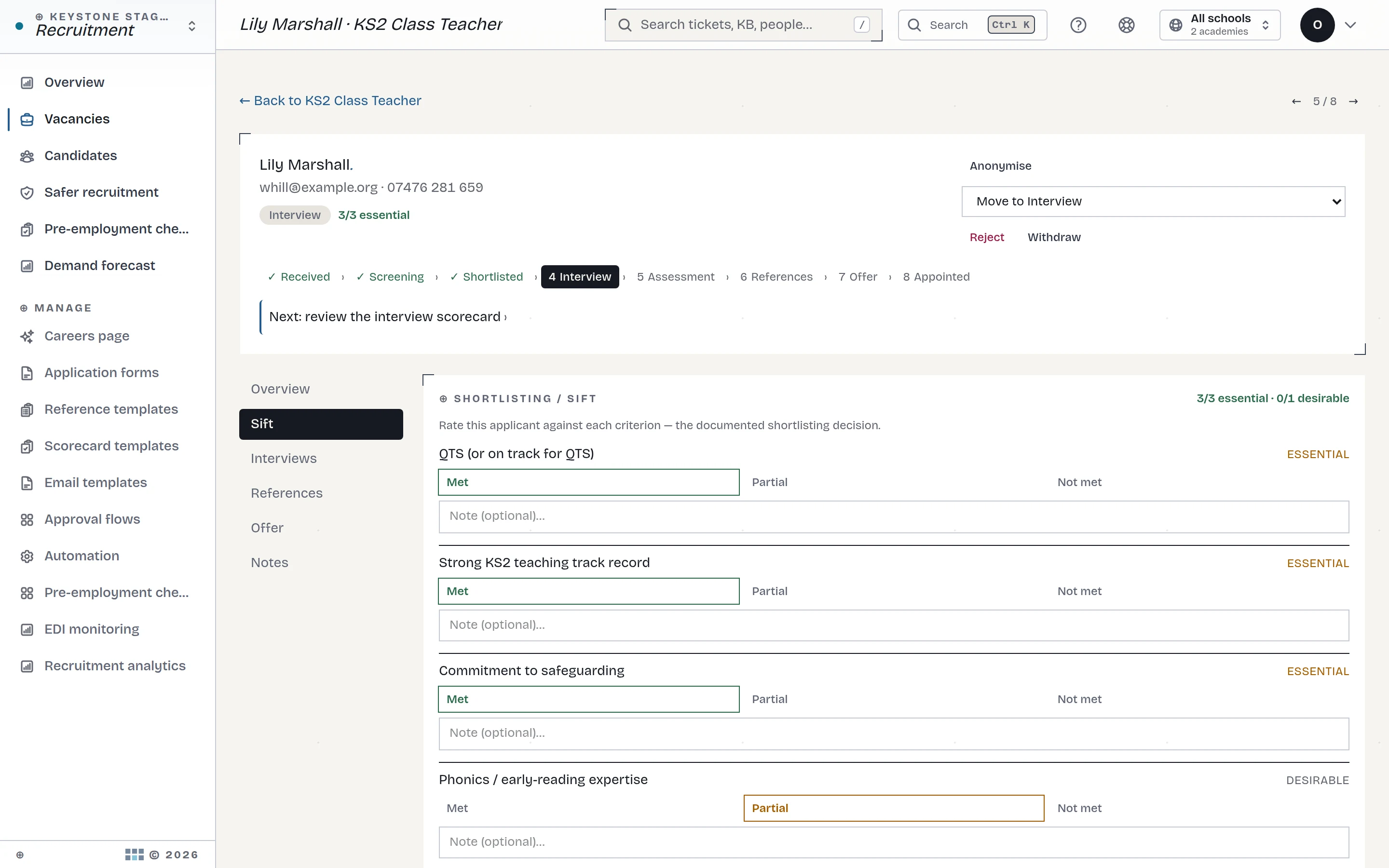 Structured sift scoring against the person specification