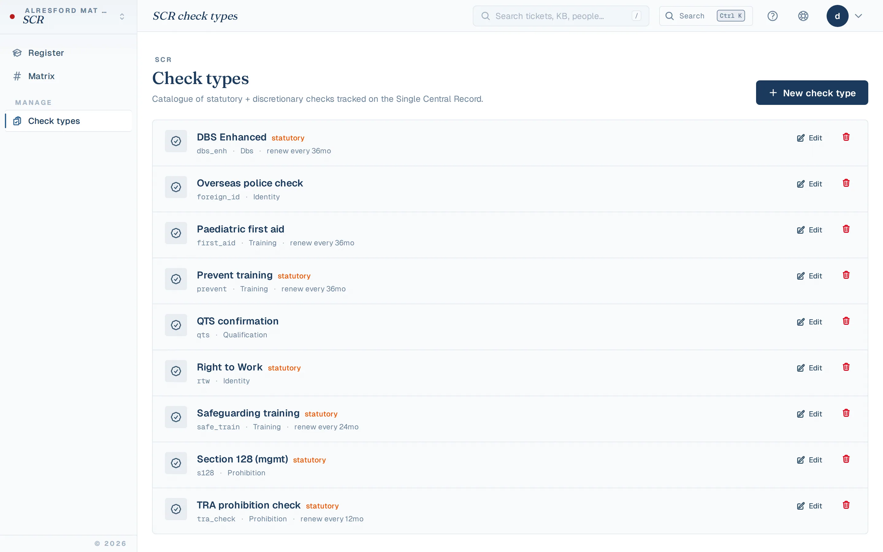 SCR check types admin with role applicability + frequency
